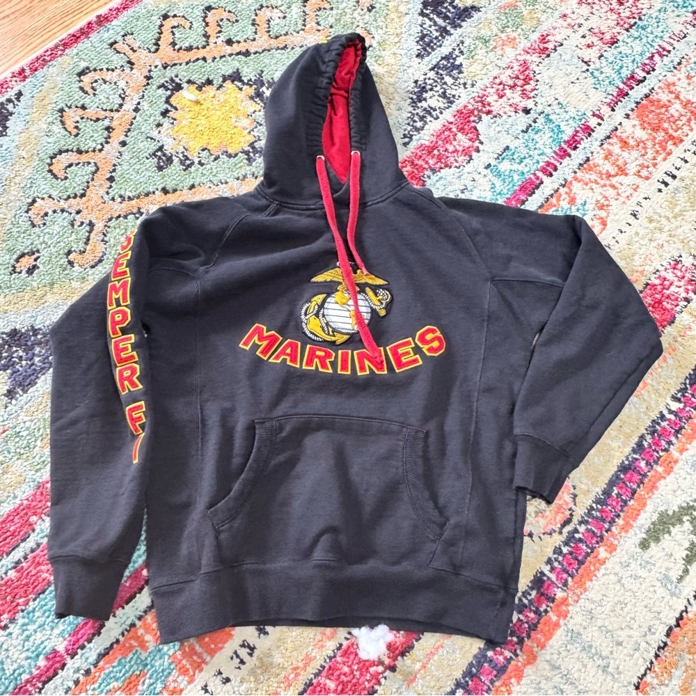 Champion USMC Marines Semper Fi Long Sleeve Hoodie Pullover Black Men's Sz M
